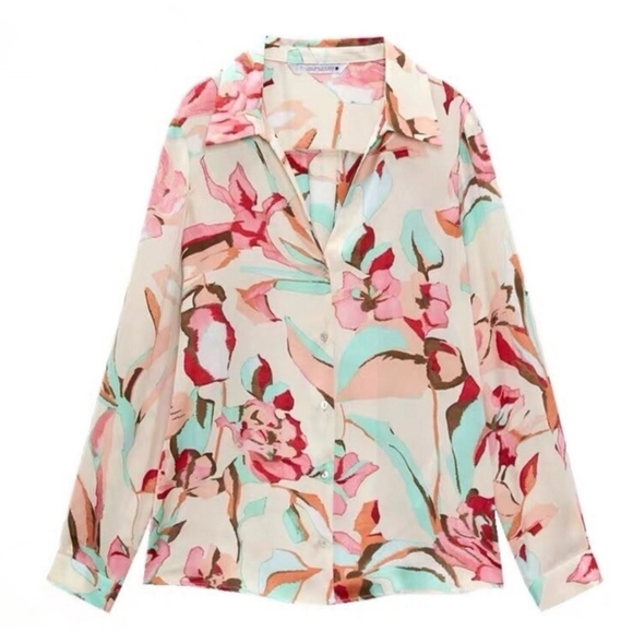 Zara Cream Pink Teal Floral Long Sleeve Button-Down Collared Blouse, Size Medium - Picture 6 of 11